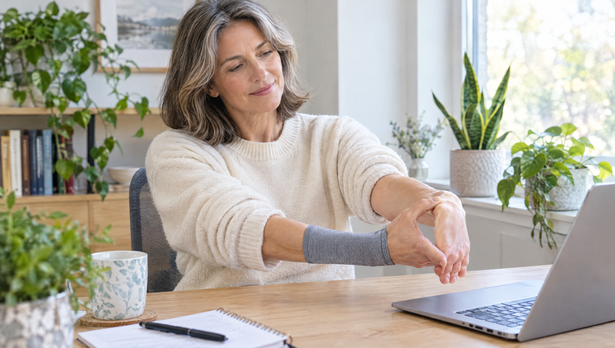 Woman doing a carpal tunnel wrist stretch at her desk while wearing a gray wrist compression sleeve