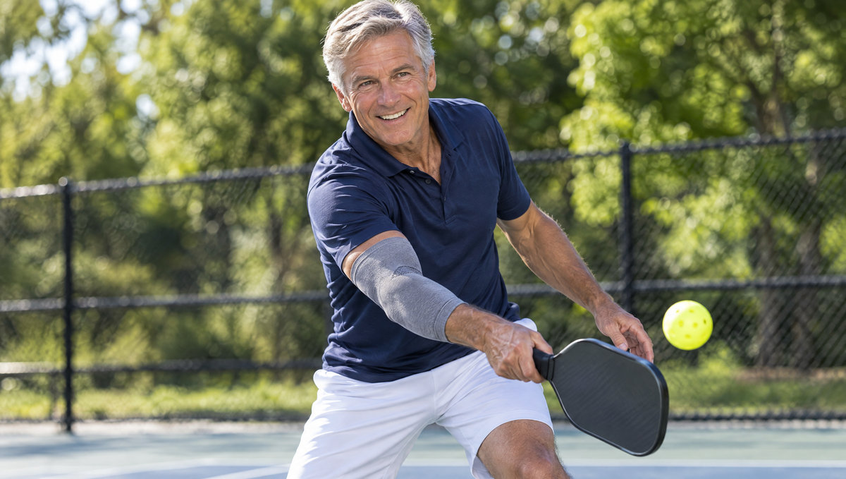 Man playing pickleball wearing a gray elbow compression sleeve for tennis elbow