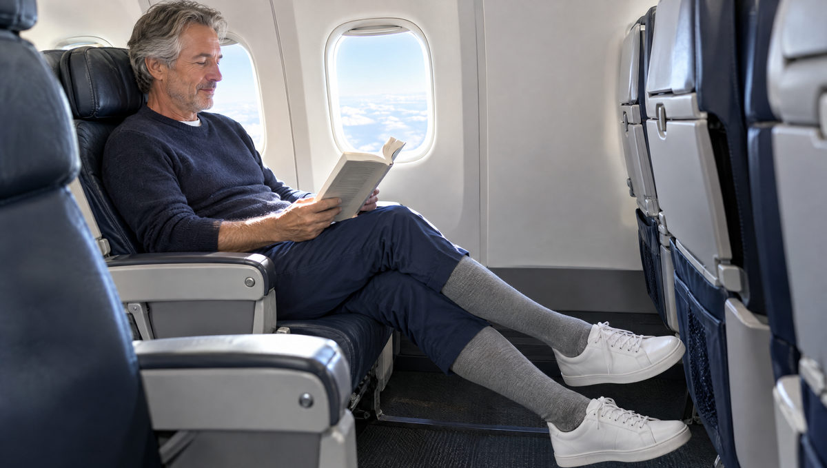 Man relaxing on a flight wearing gray compression socks for travel