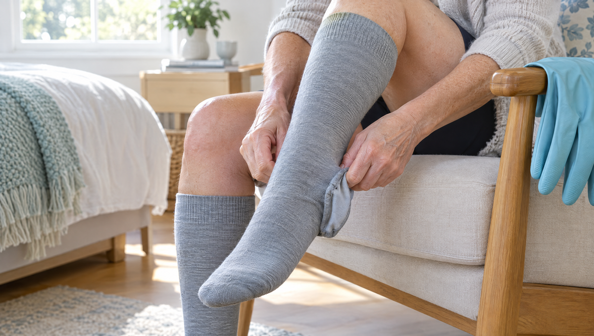 Older woman putting on a gray knee-high compression sock using the inside-out method