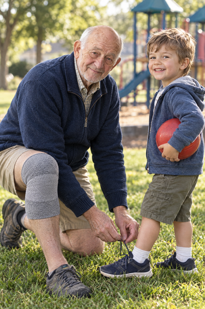 Kneeling to tie a grandson's shoe in a bamboo knee sleeve