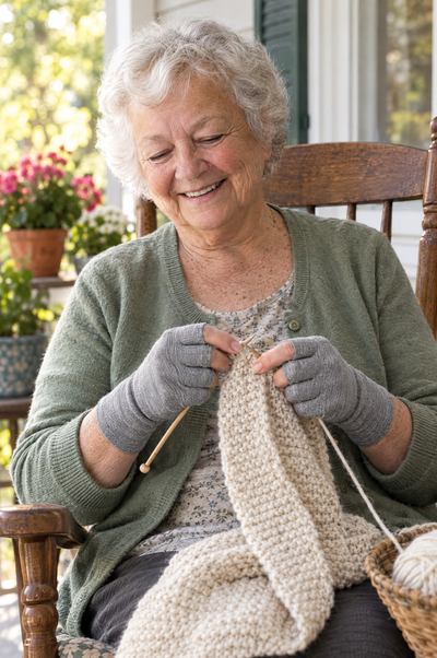 Knitting on the porch in bamboo compression gloves