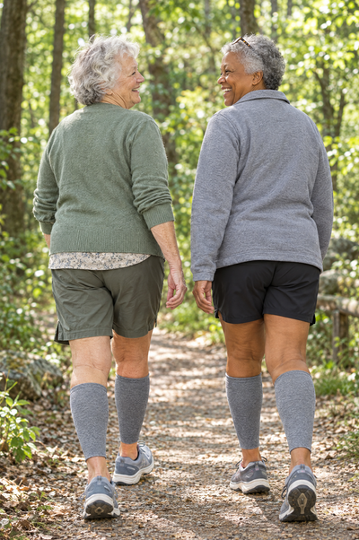 Two friends on a park trail in bamboo calf sleeves