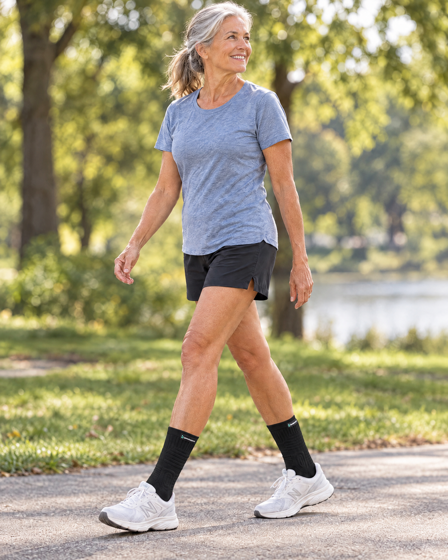 Person wearing the STEADY+ Cushion Compression Crew Socks | Black